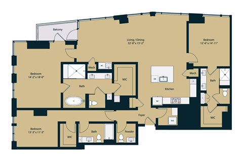 Floor plan for 3 beds, 3 baths, 2304 sqft